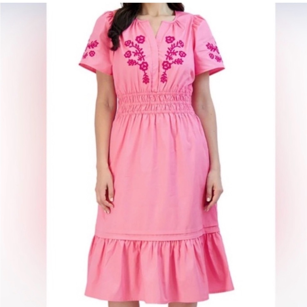 French Connection Pink Embroidered Midi Dress XXL Boho Cotton Casual Summer Fit